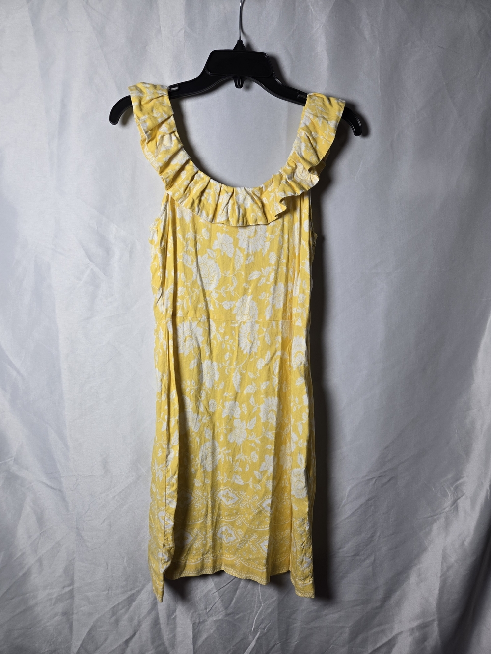 LOFT Yellow Floral Ruffle-Neck Mini Dress LINEN BLEND